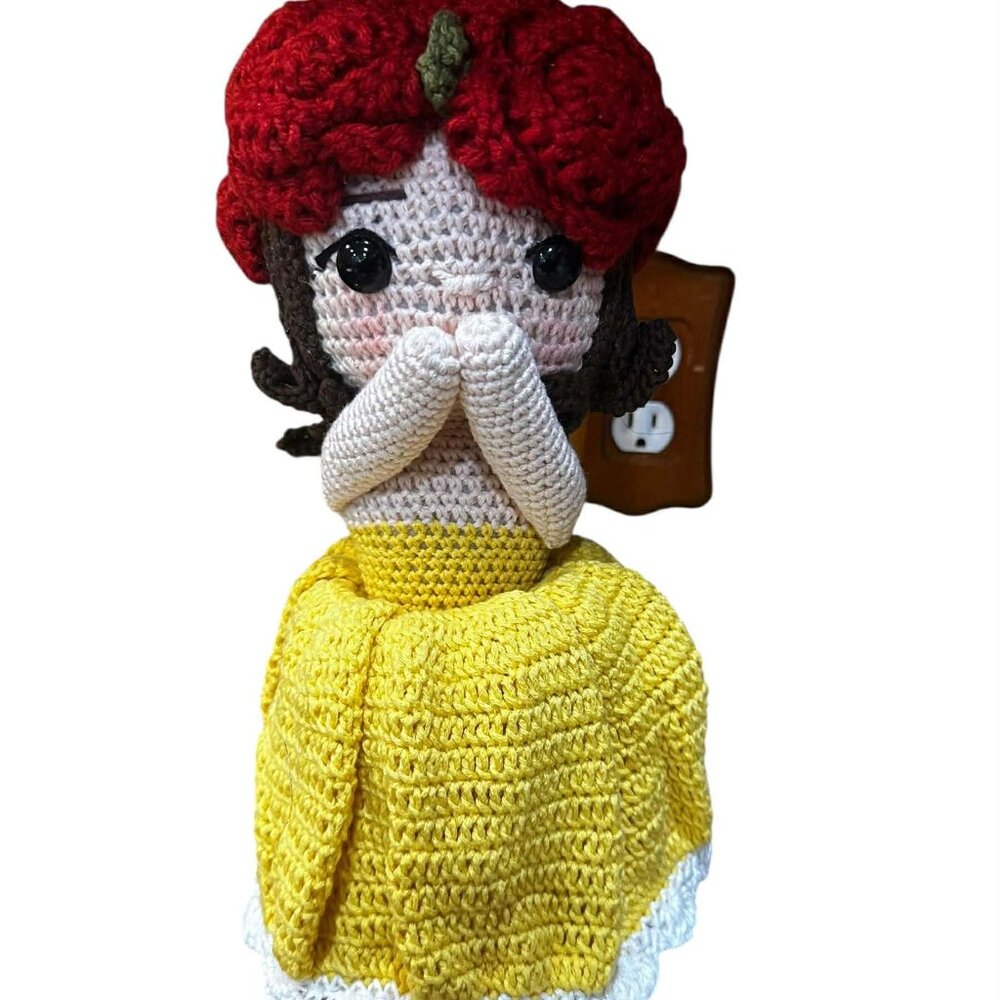 Unique Handmade Crocheted Yellow Dress Doll Flower Bouquet 12" X8"